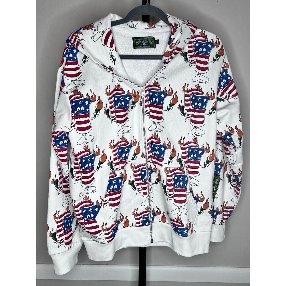 Denim Tears Firecracker Zip Hoodie White Graphic Flag Print Size Small NWT